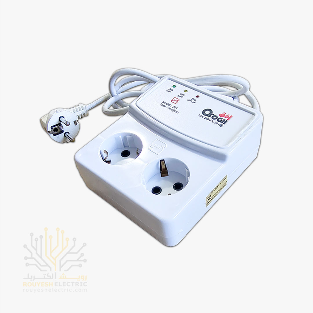 محافظ برق یخچال سیار دو خانه برند افق مدل 201 استاندارد ارتدار بدون کلید بدنه سفید آنالوگ 1/8 متری