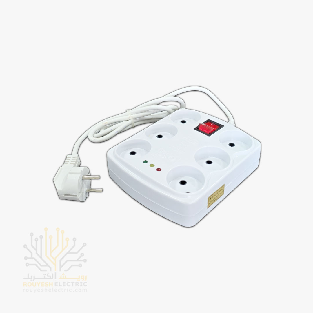 محافظ برق کامپیوتر سیار شش خانه برند افق مدل 602 استاندارد بدون ارت کلید دار بدنه سفید آنالوگ 1/4 متری