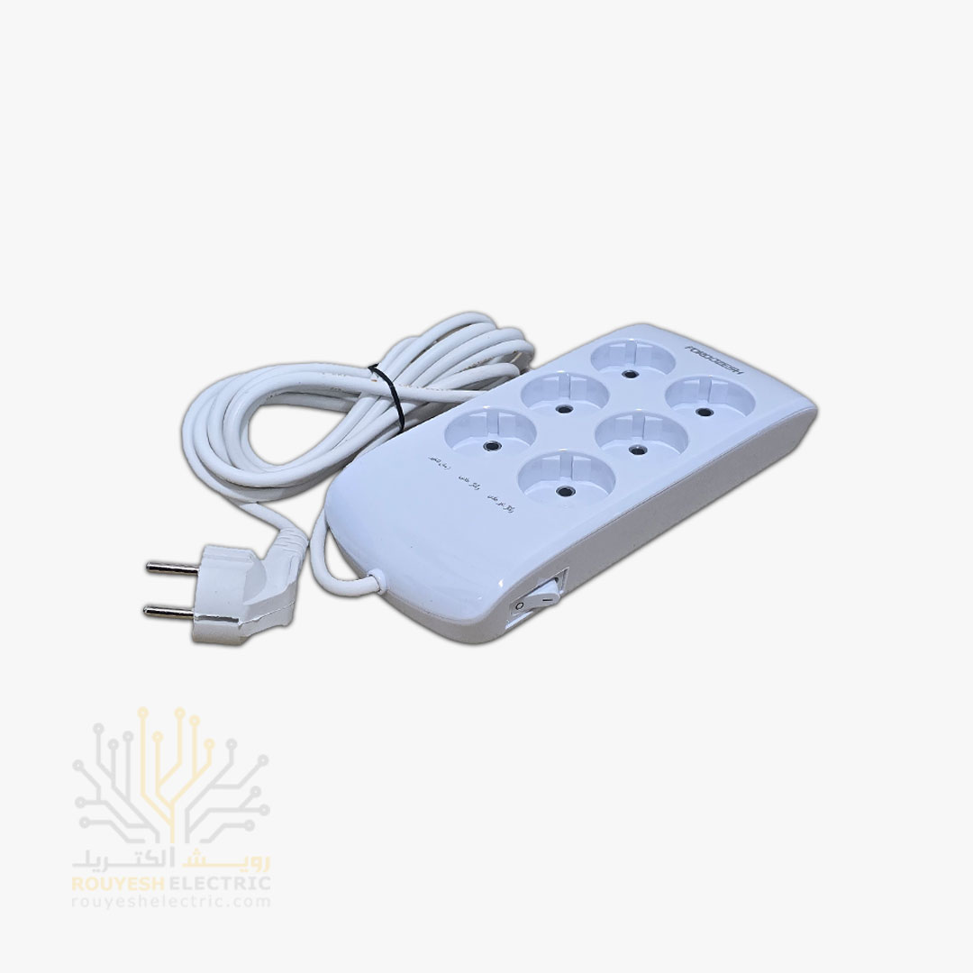 محافظ برق کامپیوتر سیار شش خانه برند فروزش مدل LT600D لوتوس استاندارد بدون ارت کلید دار بدنه سفید دیجیتال 2/8 متری