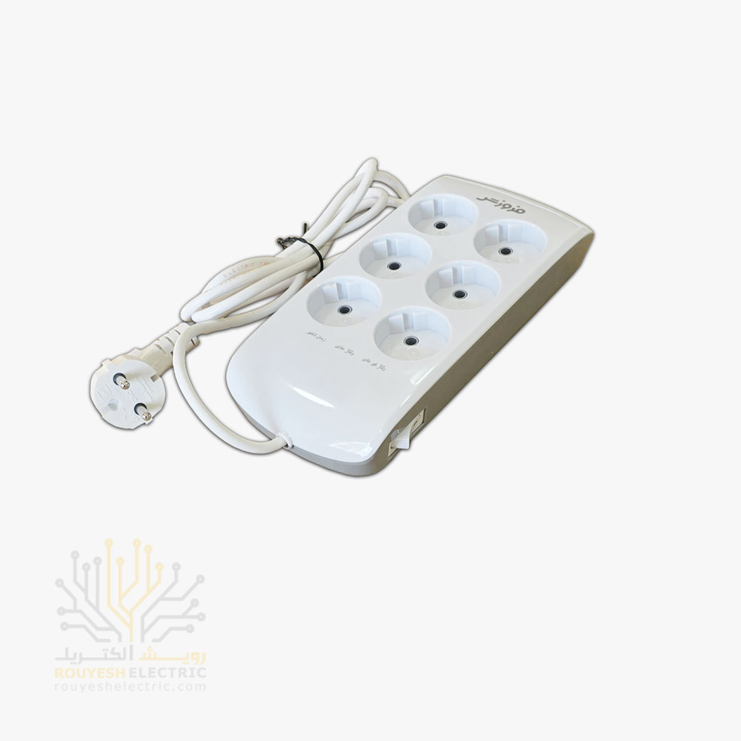 محافظ برق کامپیوتر سیار شش خانه برند فروزش مدل LT600D لوتوس استاندارد بدون ارت کلید دار بدنه سفید دیجیتال 1/8 متری