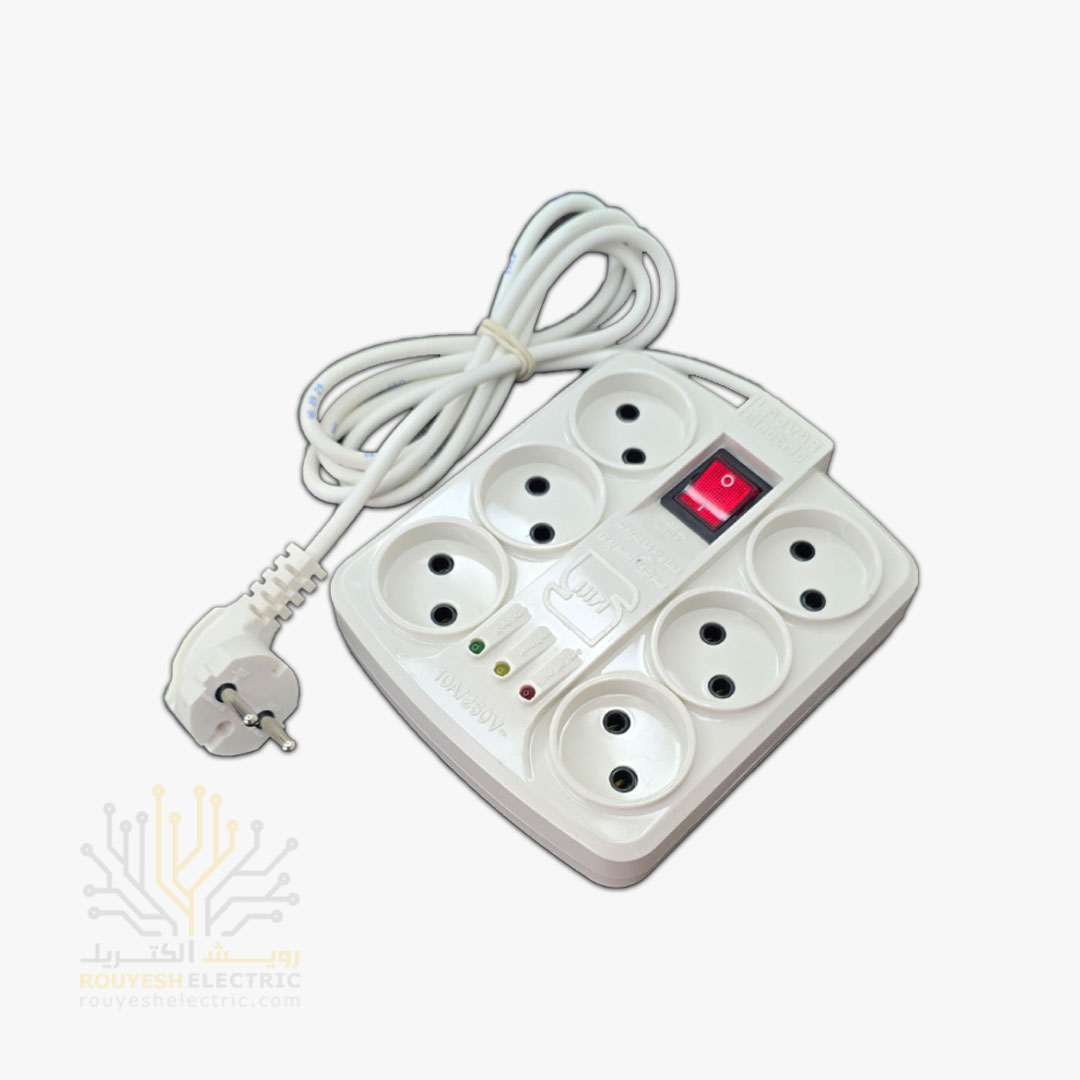 محافظ برق کامپیوتر سیار شش خانه برند لجور استاندارد بدون ارت کلید دار بنه سفید آنالوگ 2 متری