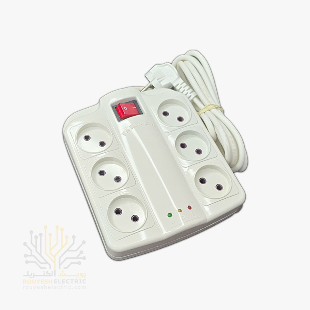 محافظ برق کامپیوتر سیار شش خانه برند فرید الکتریک استاندارد بدون ارت کلید دار بدنه سفید آنالوگ 3 متری