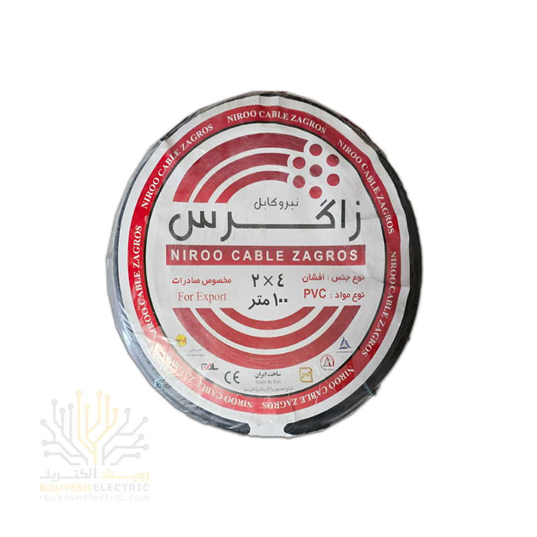 کابل برق نمره 2x4 برند نیرو کابل زاگرس استاندارد حلقه 104 متری