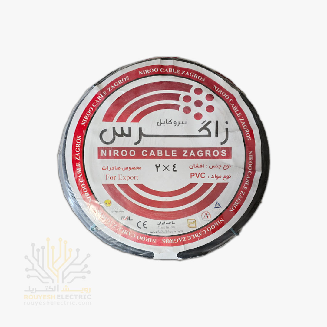 کابل برق نمره 2x4 برند نیرو کابل زاگرس استاندارد حلقه 98 متری