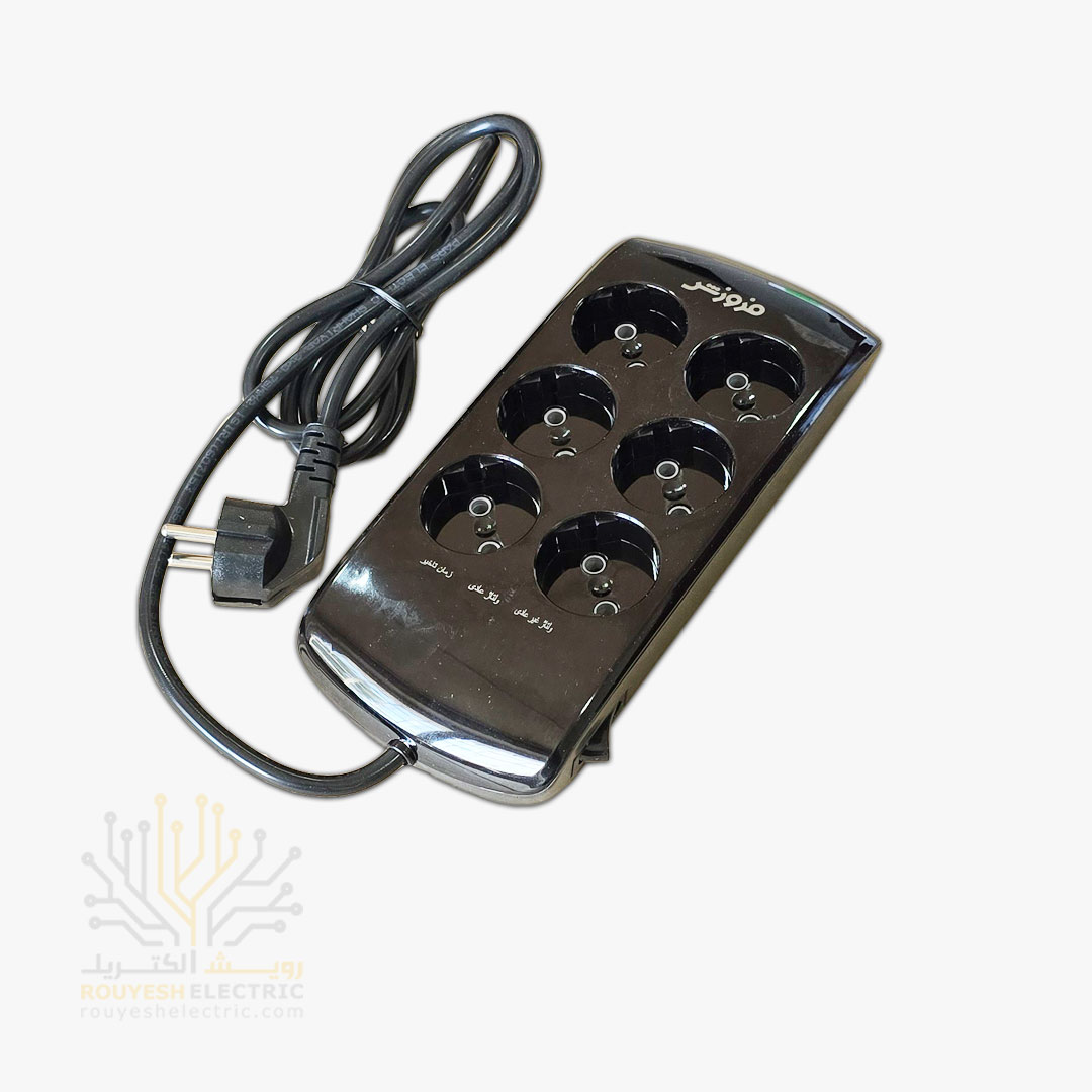 محافظ برق کامپیوتر سیار شش خانه برند فروزش مدل LT600D لوتوس استاندارد بدون ارت کلید دار بدنه مشکی دیجیتال 1/8 متری