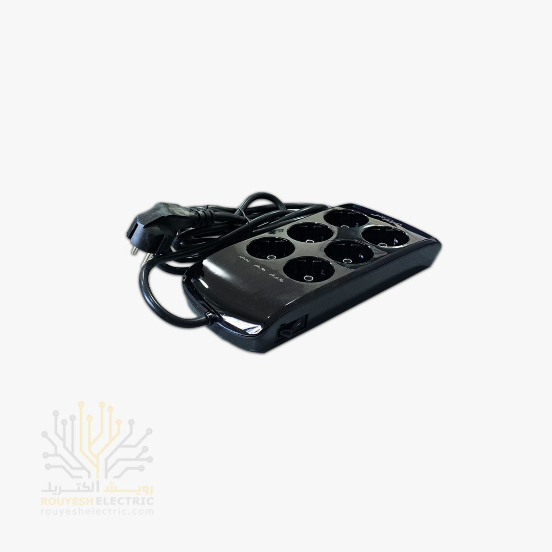 محافظ برق کامپیوتر سیار شش خانه برند فروزش مدل LT600D لوتوس استاندارد بدون ارت کلید دار بدنه مشکی دیجیتال 4/8 متری