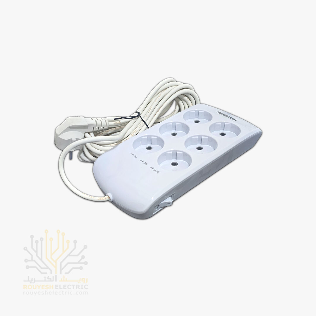محافظ برق کامپیوتر سیار شش خانه برند فروزش مدل LT600D لوتوس استاندارد بدون ارت کلید دار بدنه سفید دیجیتال 4/8 متری