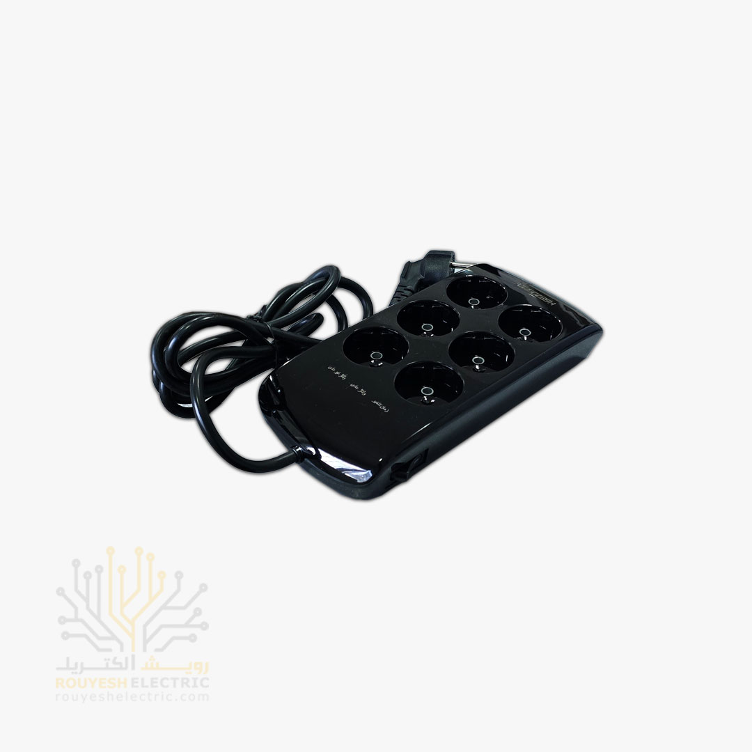 محافظ برق کامپیوتر سیار شش خانه برند فروزش مدل LT600 لوتوس استاندارد بدون ارت کلید دار بدنه مشکی آنالوگ 1/8 متری