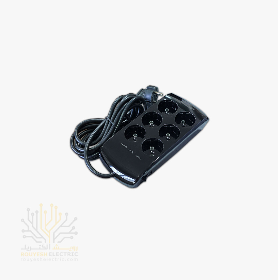 محافظ برق کامپیوتر سیار شش خانه برند فروزش مدل LT600 لوتوس استاندارد بدون ارت کلید دار بدنه مشکی آنالوگ 2/8 متری