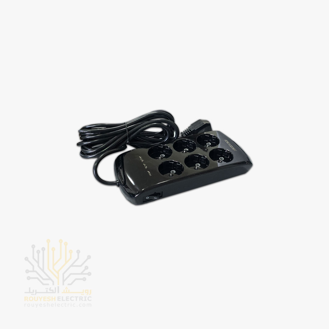 محافظ برق کامپیوتر سیار شش خانه برند فروزش مدل LT600 لوتوس استاندارد بدون ارت کلید دار بدنه مشکی آنالوگ 4/8 متری
