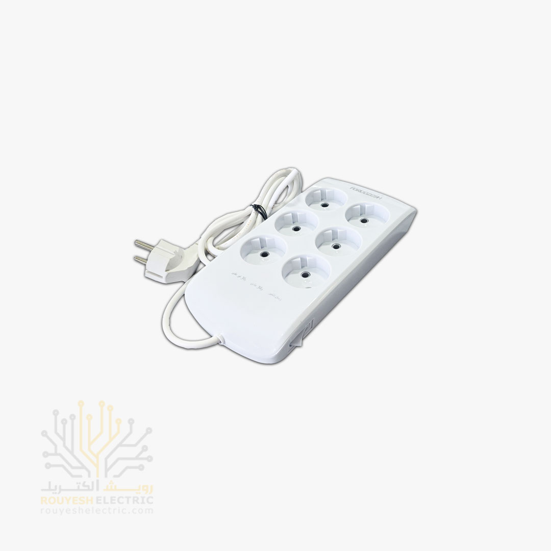 محافظ برق کامپیوتر سیار شش خانه برند فروزش مدل LT600 لوتوس استاندارد بدون ارت کلید دار بدنه سفید آنالوگ 1/8 متری