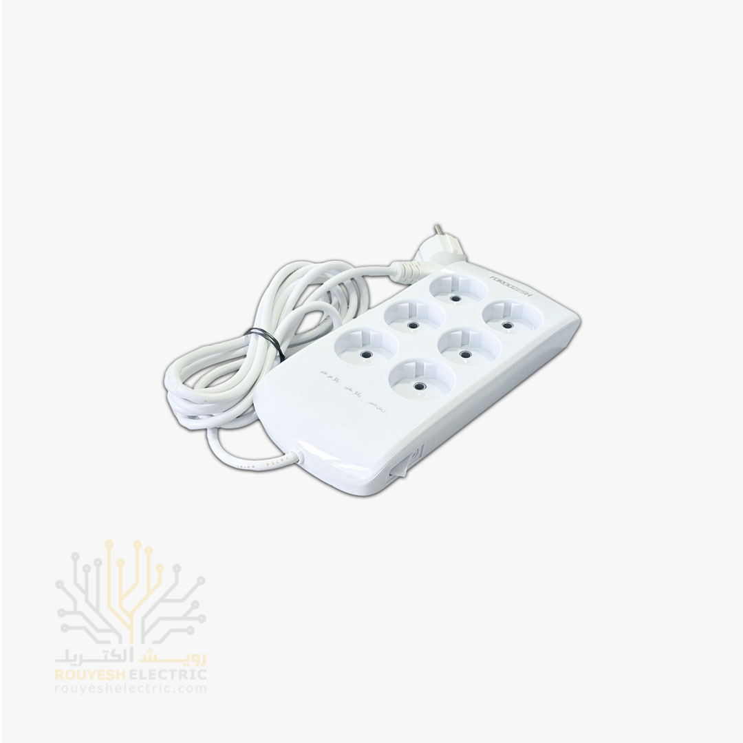 محافظ برق کامپیوتر سیار شش خانه برند فروزش مدل LT600 لوتوس استاندارد بدون ارت کلید دار بدنه سفید آنالوگ 2/8 متری
