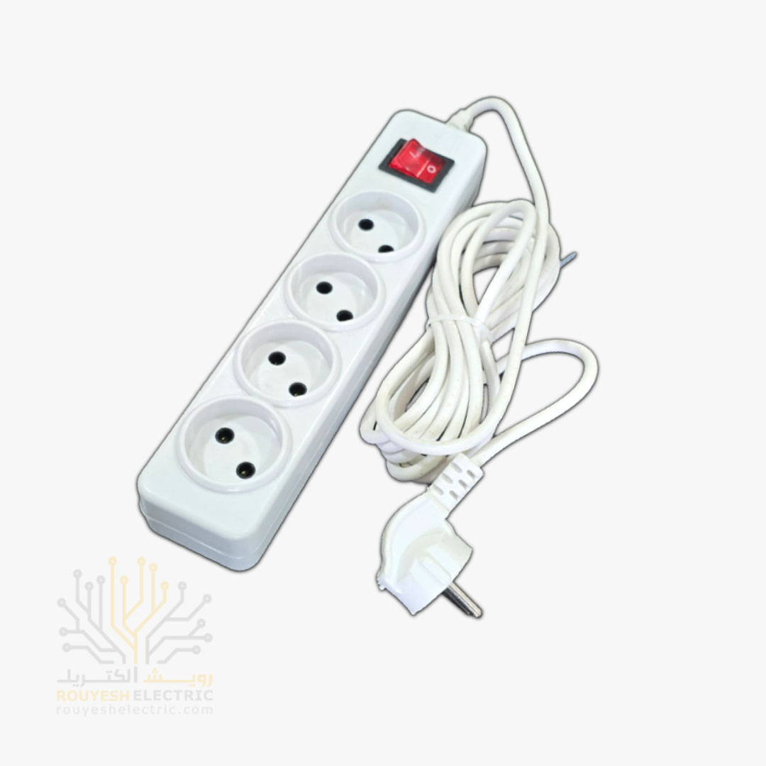 چهار راهی برق سیار برند افق مدل 403 استاندارد بدون ارت کلید دار بدنه سفید کابل 3 متری
