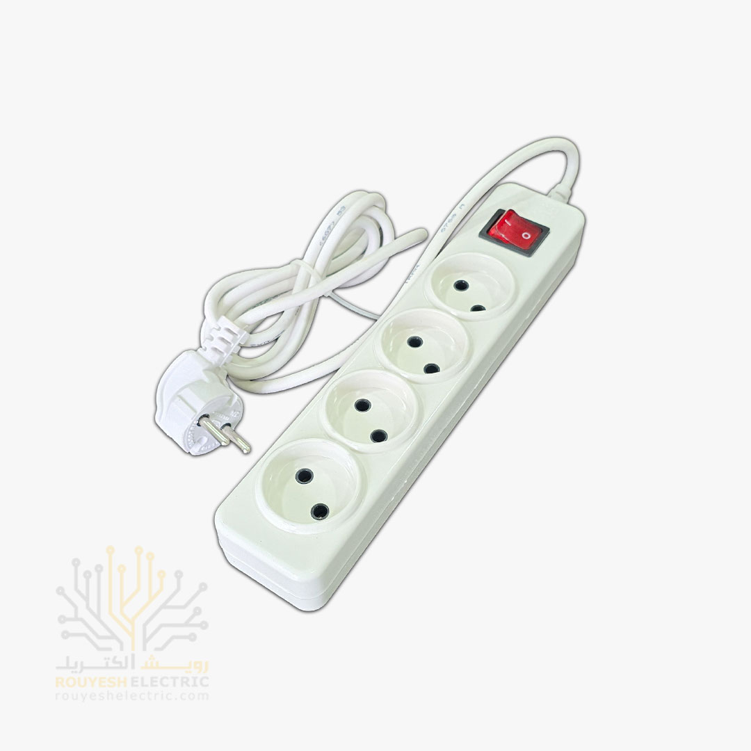 چهار راهی برق سیار برند افق مدل 403 استاندارد بدون ارت کلید دار بدنه سفید کابل 1/8 متری