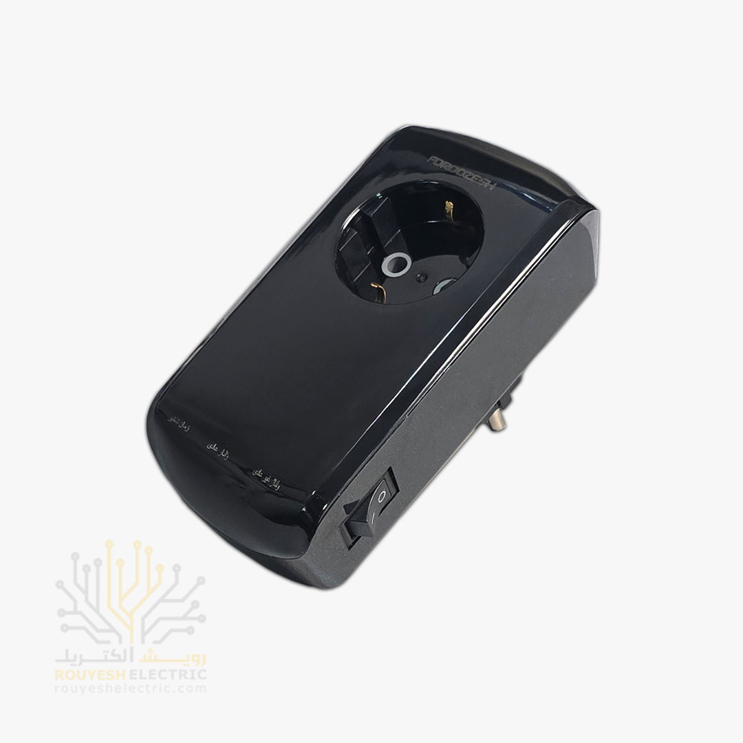 محافظ برق پکیج دیواری تک خانه برند فروزش مدل LT100W لوتوس استاندارد ارتدار کلید دار بدنه مشکی دیجیتال