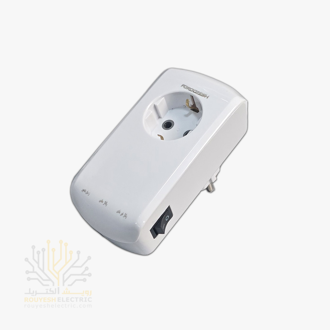 محافظ برق پکیج دیواری تک خانه برند فروزش مدل LT100W لوتوس استاندارد ارتدار کلید دار بدنه سفید دیجیتال