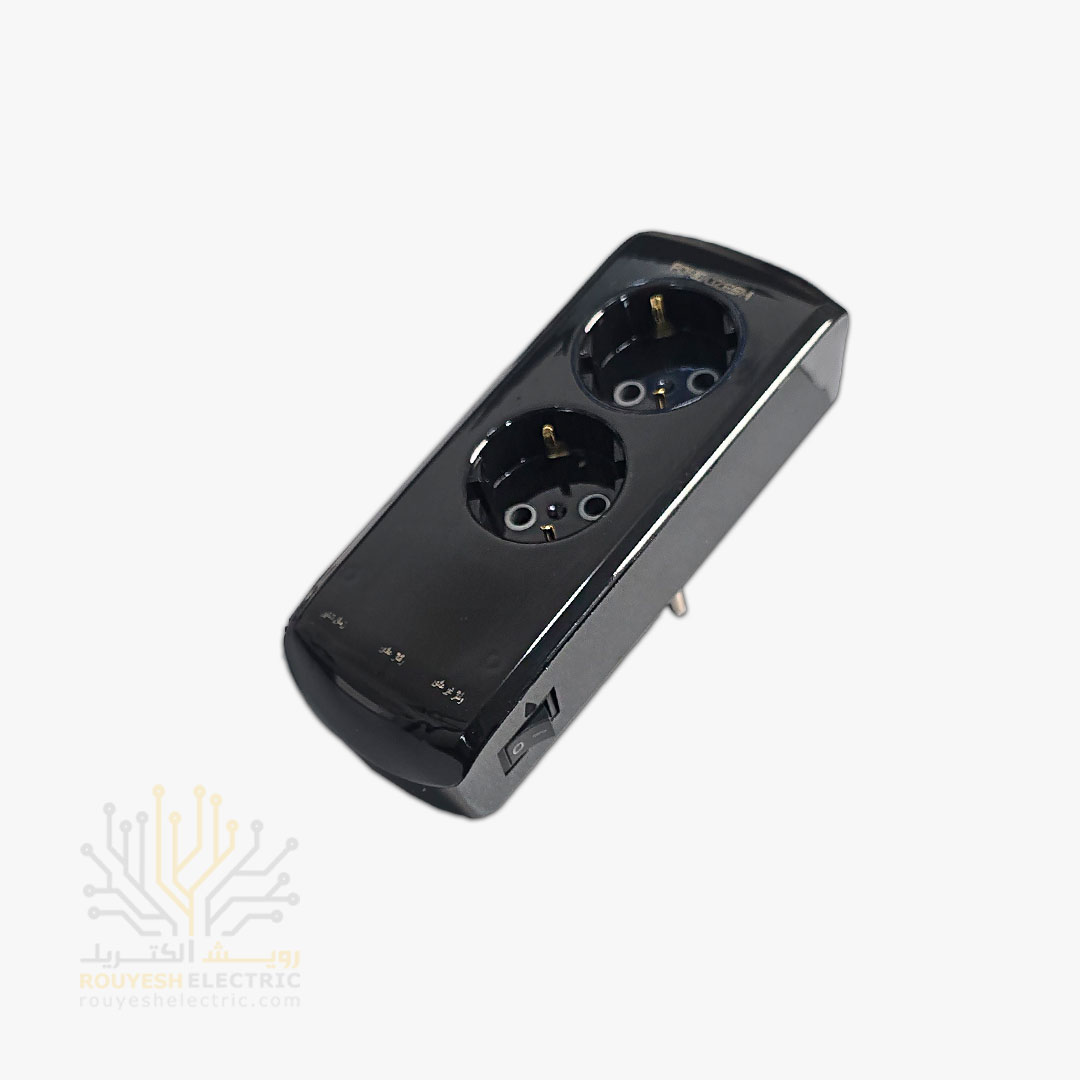 محافظ برق پکیج دیواری دو خانه برند فروزش مدل LT200W لوتوس استاندارد ارتدار کلید دار بدنه مشکی دیجیتال