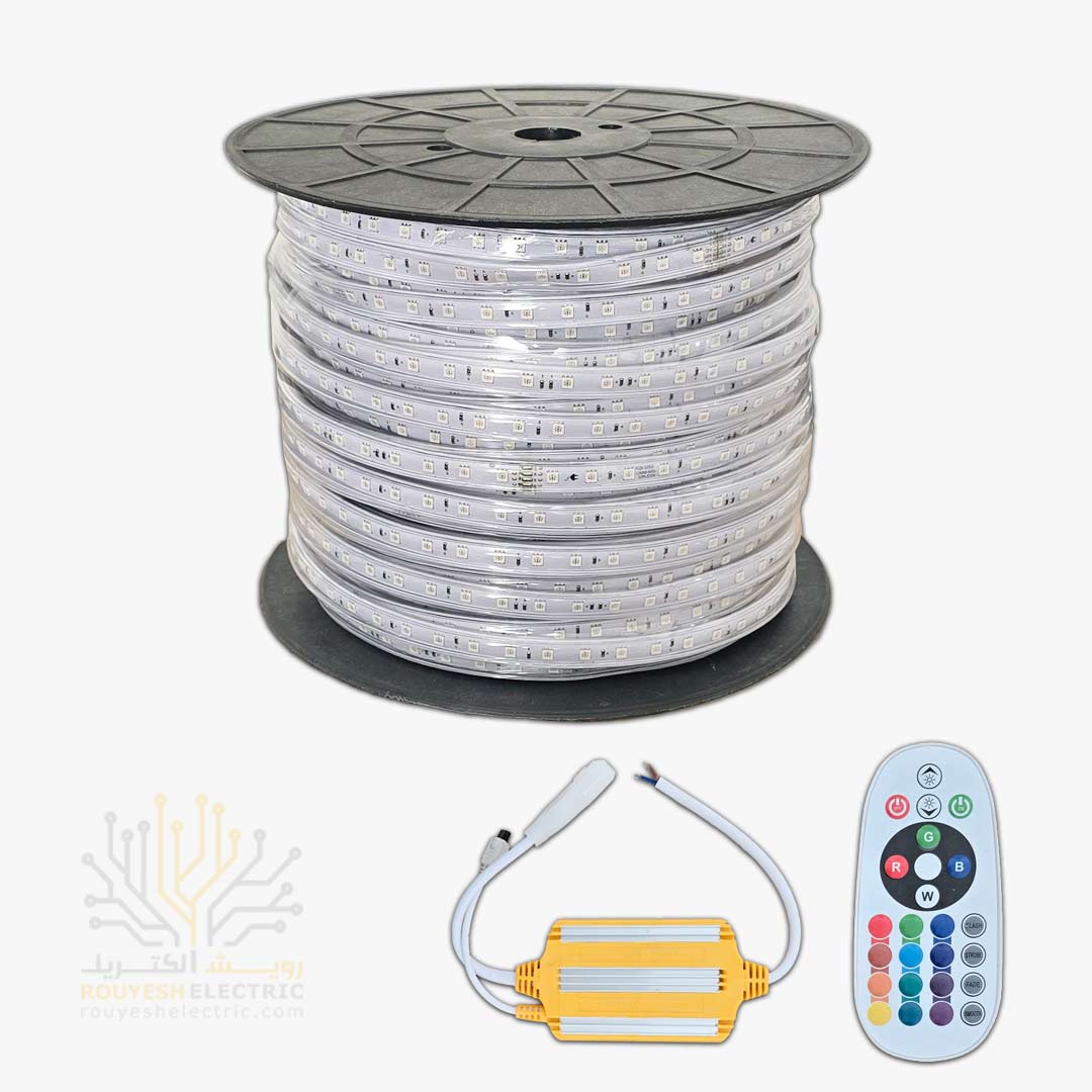 ریسه شلنگی وایرلس برند شارو لایت 50x50 تراکم 60 برش 100 سانت 12 میل 100 متری رنگ RGB