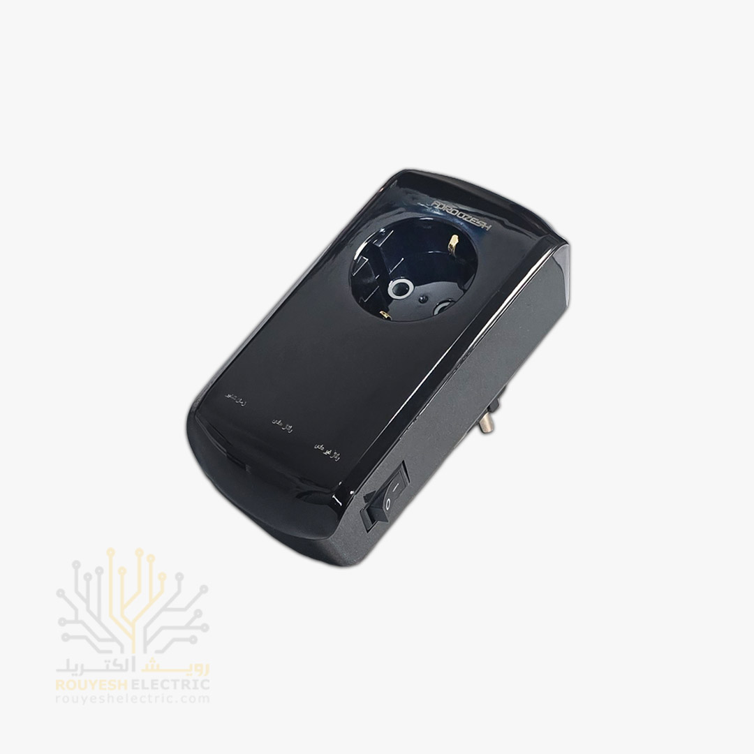 محافظ برق پکیج دیواری تک خانه برند فروزش مدل LT100W لوتوس استاندارد ارتدار کلید دار بدنه مشکی آنالوگ
