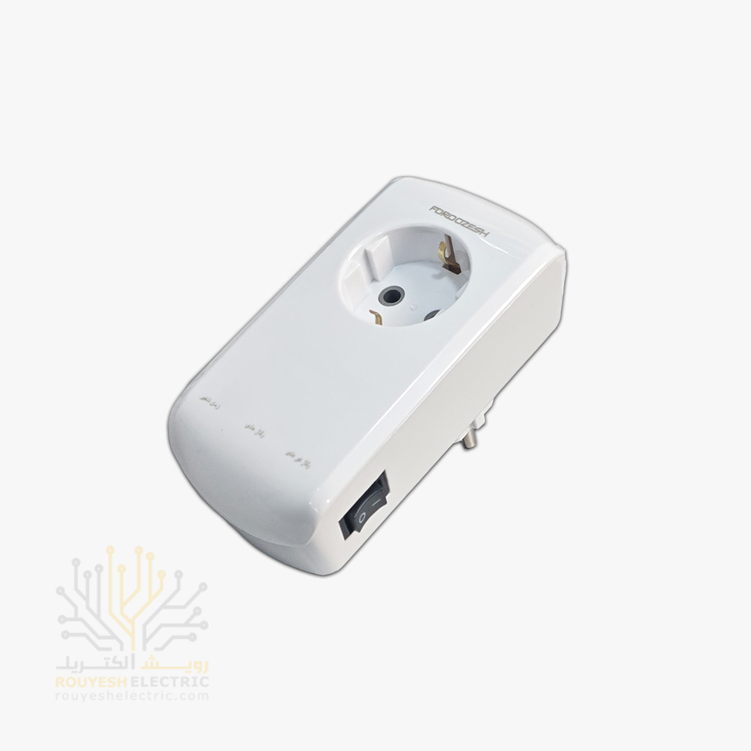 محافظ برق پکیج دیواری تک خانه برند فروزش مدل LT100W لوتوس استاندارد ارتدار کلید دار بدنه سفید آنالوگ