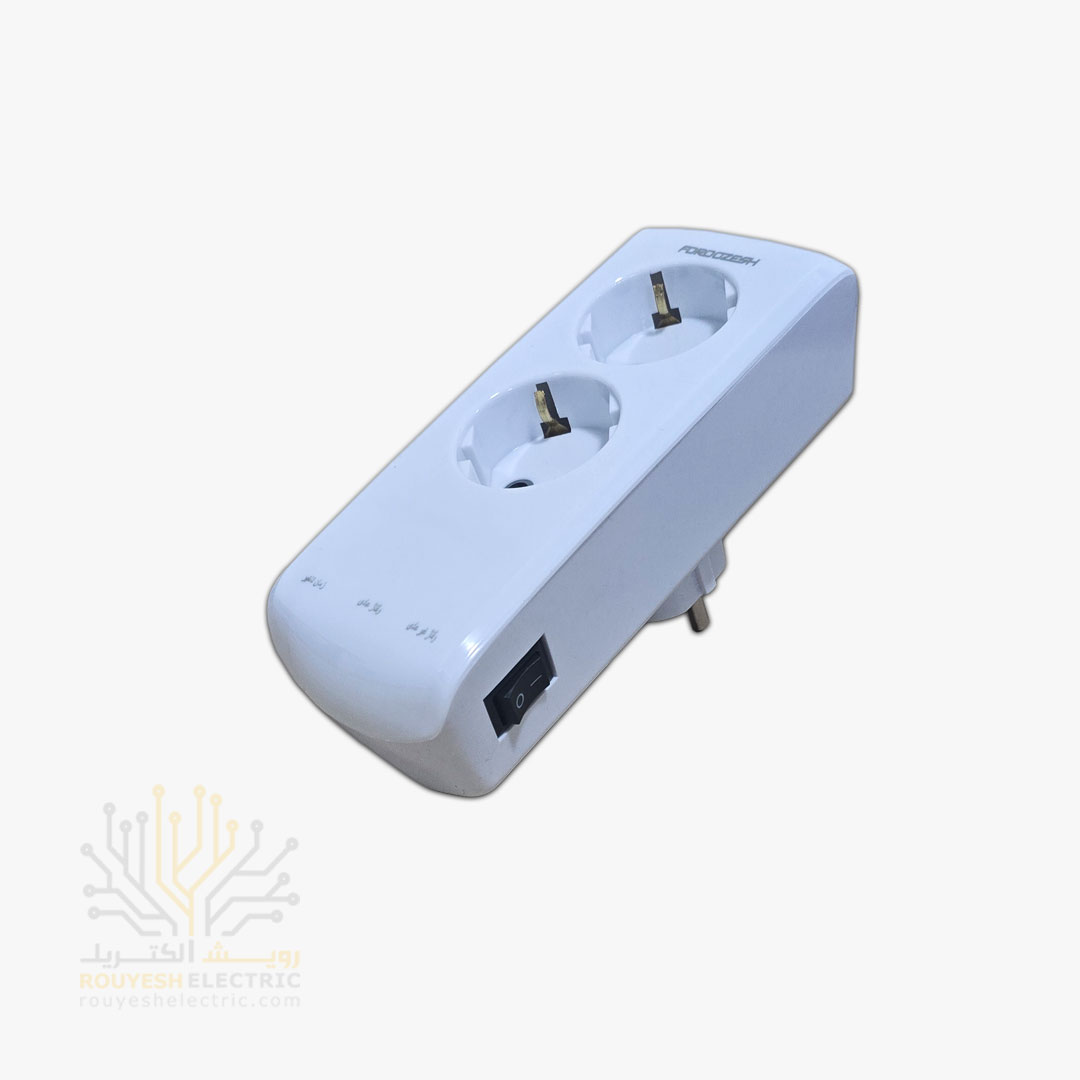محافظ برق پکیج دیواری دو خانه برند فروزش مدل LT200W لوتوس استاندارد ارتدار کلید دار بدنه سفید آنالوگ