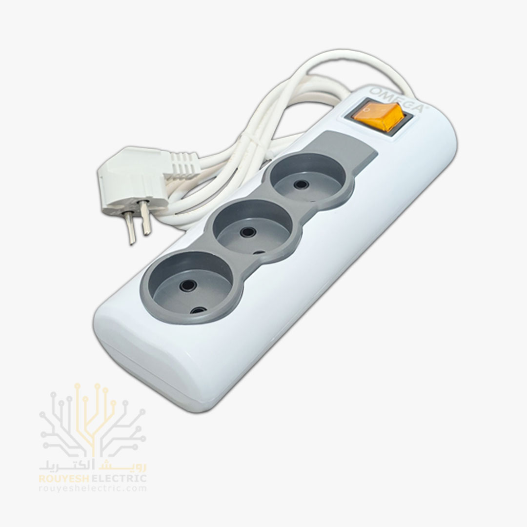 سه راهی برق سیار برند امگا مدل R3000 استاندارد بدون ارت کلید دار 1/5 متری 