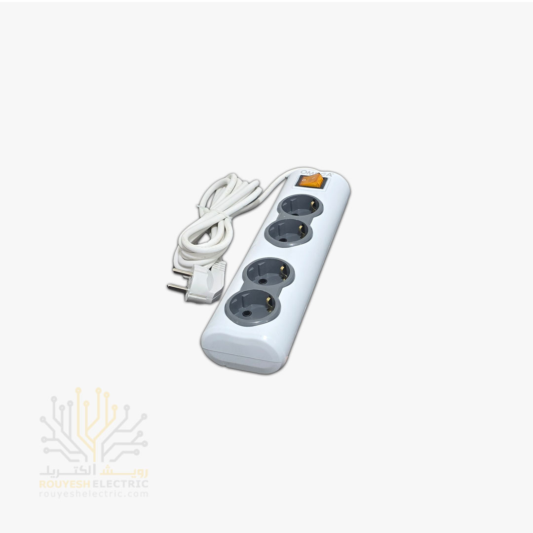 چهار راهی برق سیار برند امگا مدل R4000 استاندارد ارتدار کلید دار بدنه سفید کابل 3 متری