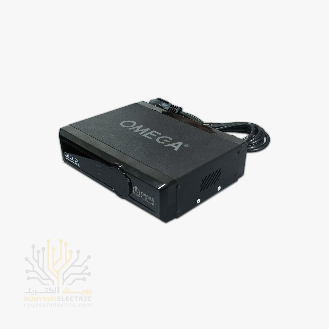 محافظ برق کامپیوتر سیار چهار خانه فلزی برند امگا مدل F6000 استاندارد بدون ارت بدون کلید بدنه مشکی دیجیتال 2 متری
