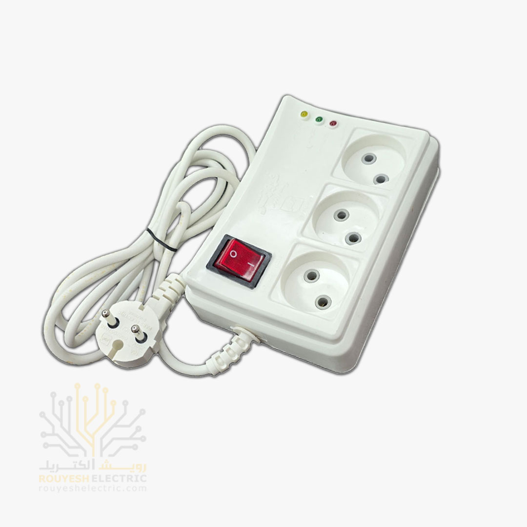 محافظ برق یخچال سیار سه خانه برند فروزش مدل FR231 استاندارد بدون ارت کلید دار بدنه سفید آنالوگ 1/8 متری