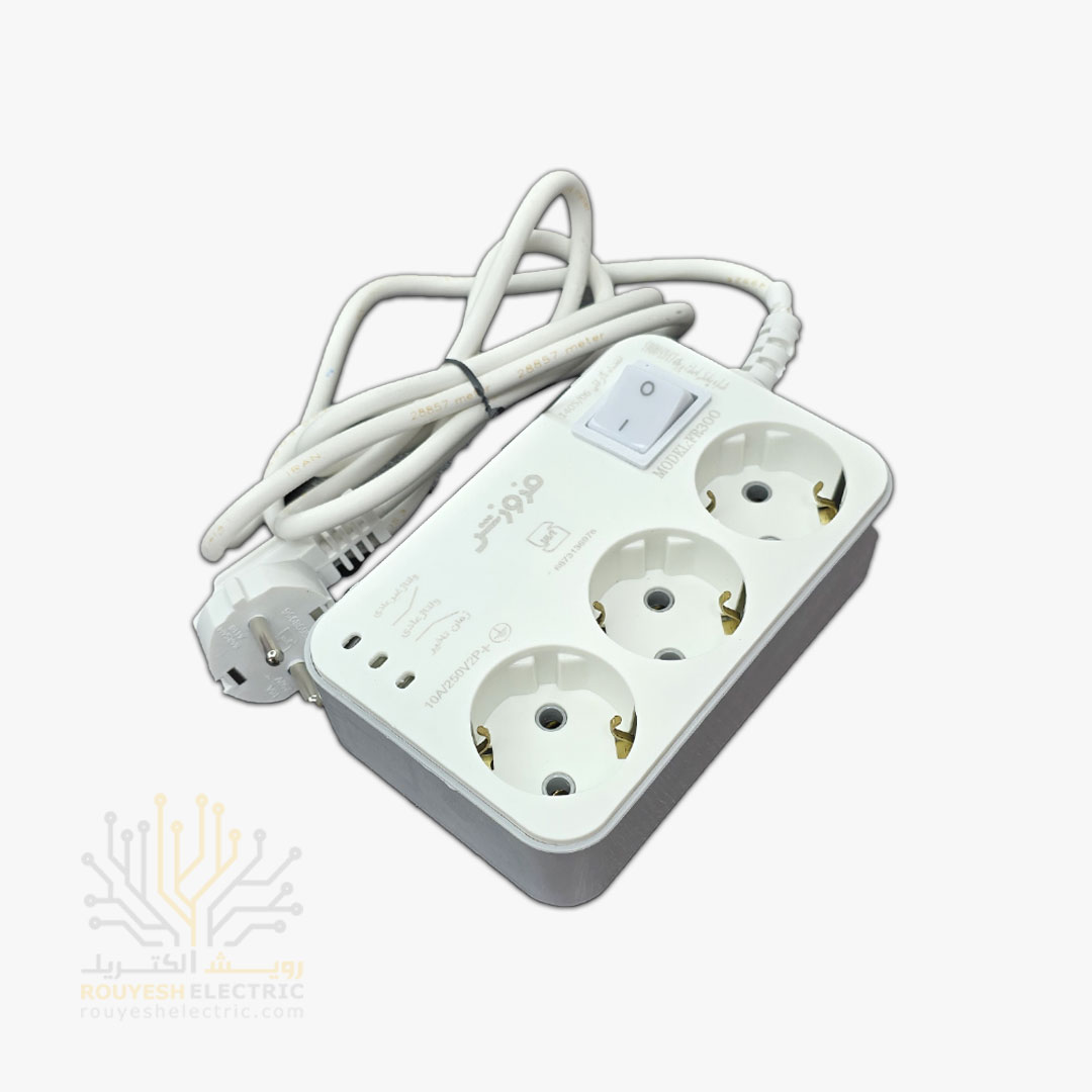 محافظ برق یخچال سیار سه خانه برند فروزش مدل FR300 استاندارد ارتدار کلید دار بدنه سفید آنالوگ 1/8 متری