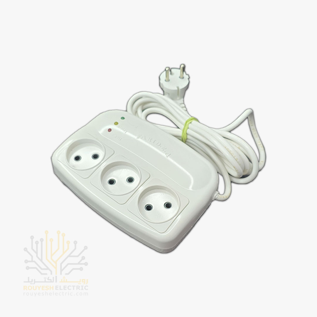 محافظ برق یخچال سیار سه خانه برند فرید الکتریک مدل F1200 استاندارد بدون ارت بدون کلید بدنه سفید آنالوگ 3 متری