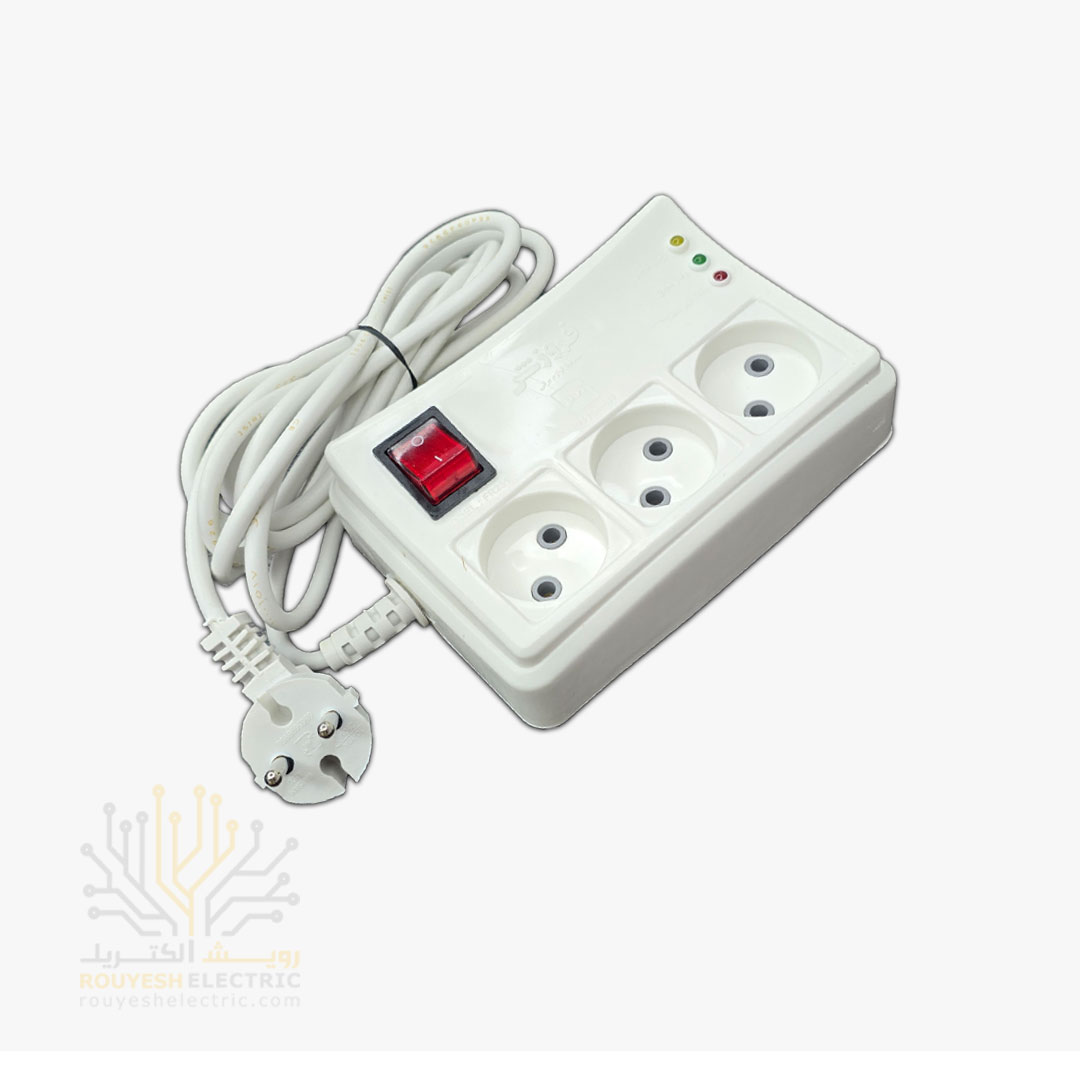 محافظ برق یخچال سیار سه خانه برند فروزش مدل FR231 استاندارد بدون ارت کلید دار بدنه سفید آنالوگ 2/8 متری