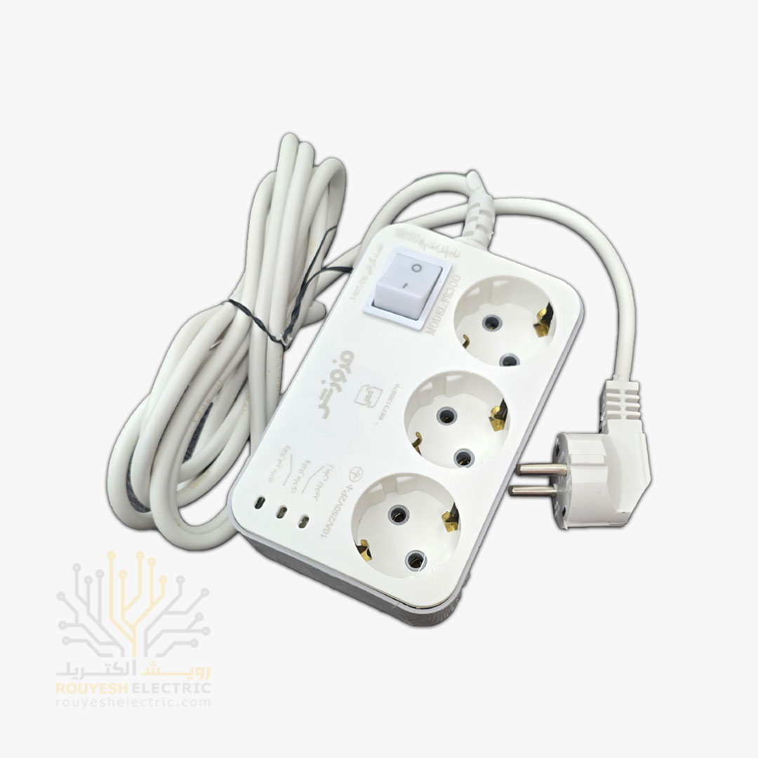 محافظ برق یخچال سیار سه خانه برند فروزش مدل FR300 استاندارد ارتدار کلید دار بدنه سفید آنالوگ 2/8 متری