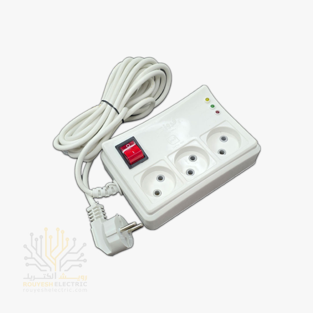 محافظ برق یخچال سیار سه خانه برند فروزش مدل FR231 استاندارد بدون ارت کلید دار بدنه سفید آنالوگ 4/8 متری