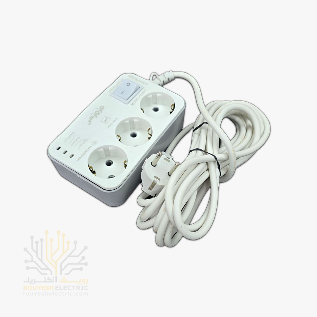 محافظ برق یخچال سیار سه خانه برند فروزش مدل FR300 استاندارد ارتدار کلید دار بدنه سفید آنالوگ 4/8 متری