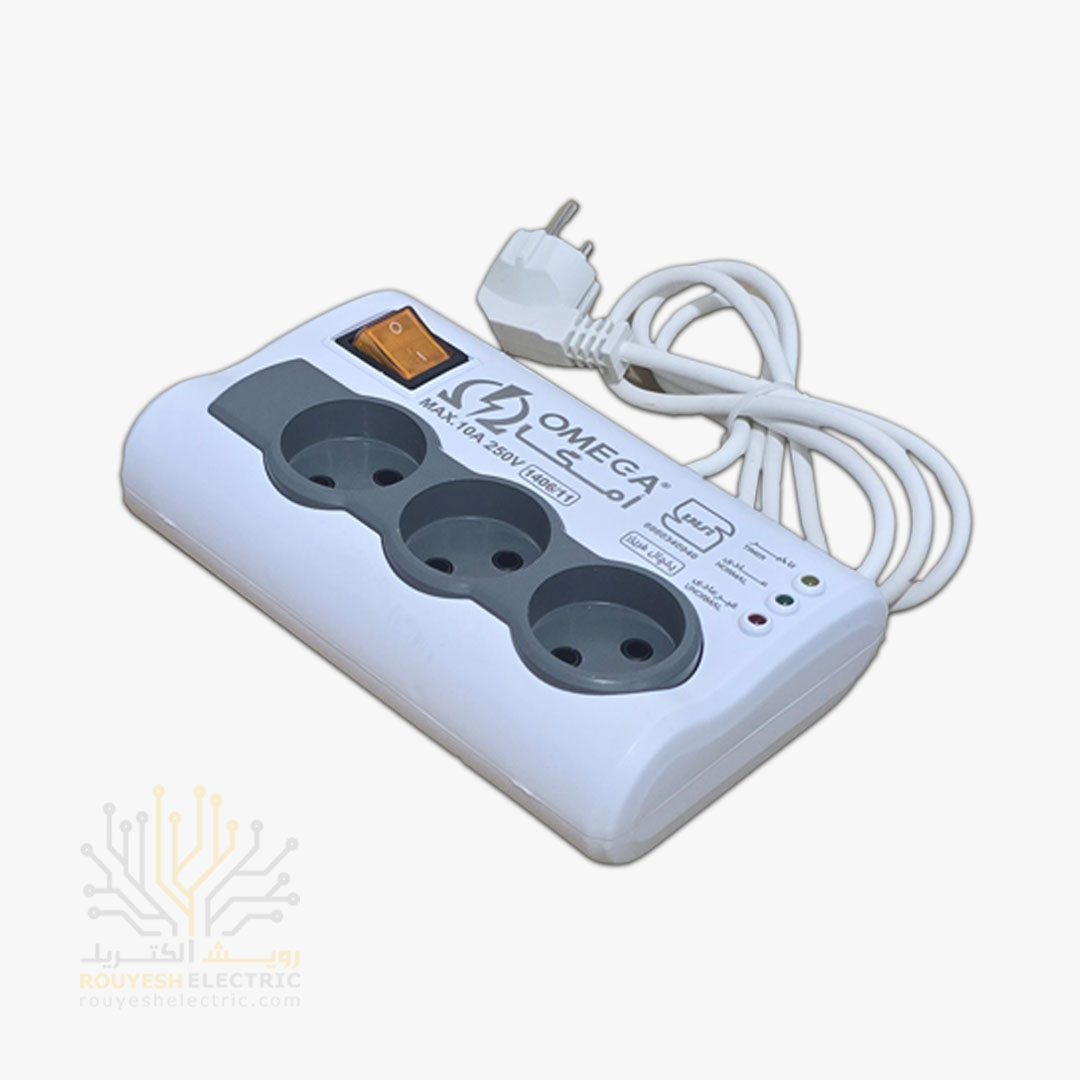 محافظ برق یخچال سیار سه خانه برند امگا مدل p3100 استاندار بدون ارت کلید دار بدنه سفید آنالوگ 1/5 متری