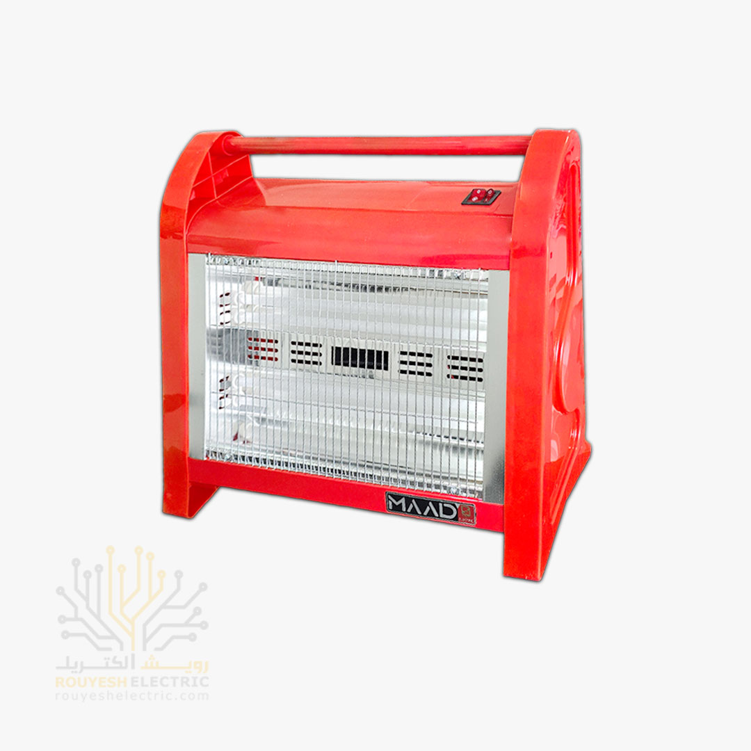 بخاری برقی استاندارد برند ماد الکتریک مدل رویال 4 شعله 2000 وات فن دار بدنه قرمز