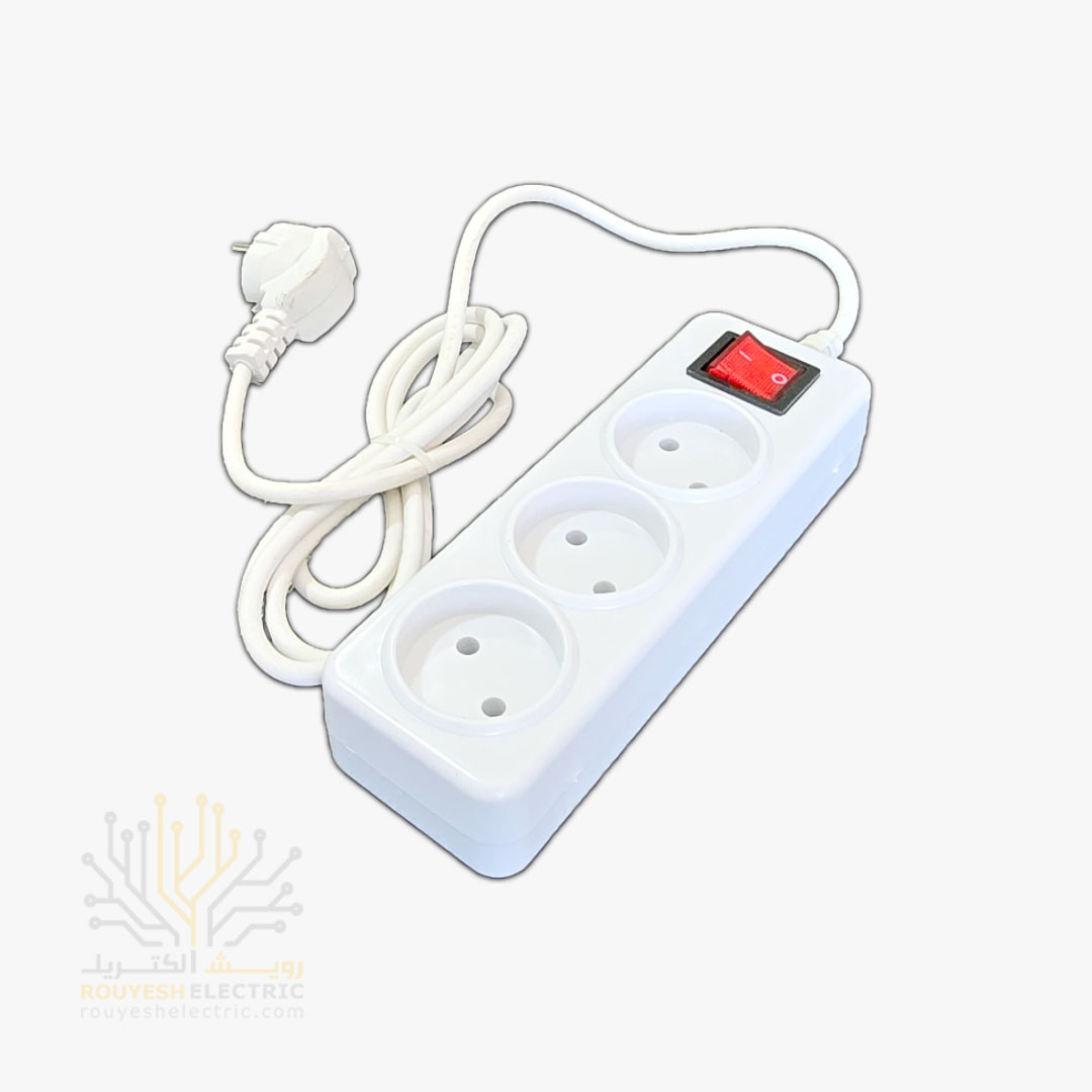 سه راهی برق سیار برند افق مدل 303 استاندارد بدون ارت کلید دار بدنه سفید کابل 1/8 متری