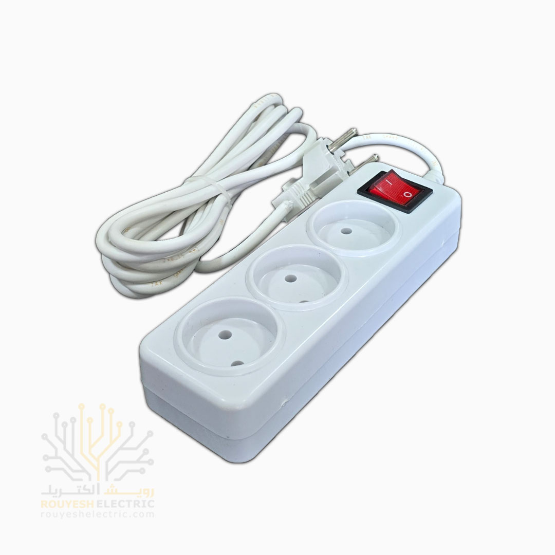 سه راهی برق سیار برند افق مدل 303 استاندارد بدون ارت کلید دار بدنه سفید کابل 3 متری