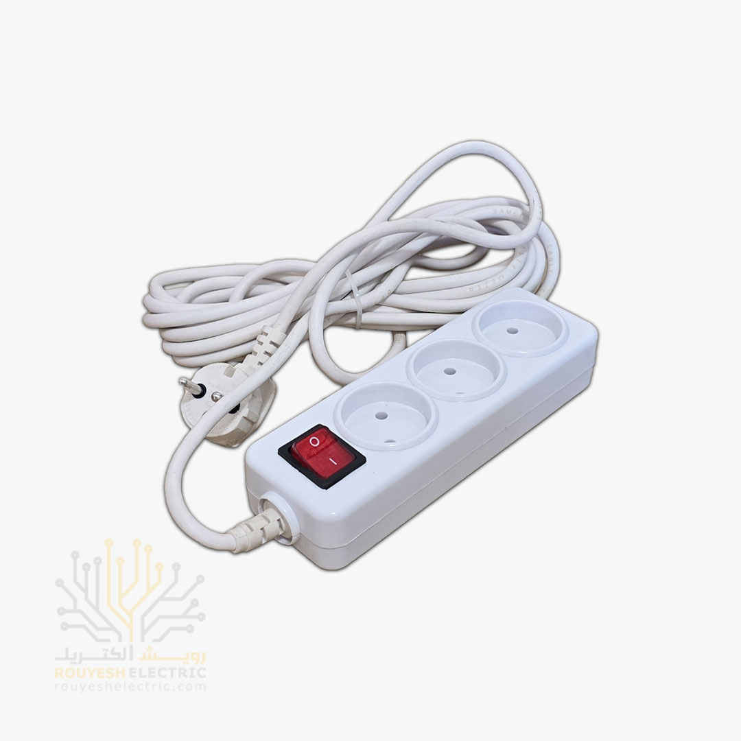 سه راهی برق سیار برند افق مدل 303 استاندارد بدون ارت کلید دار بدنه سفید کابل 5 متری