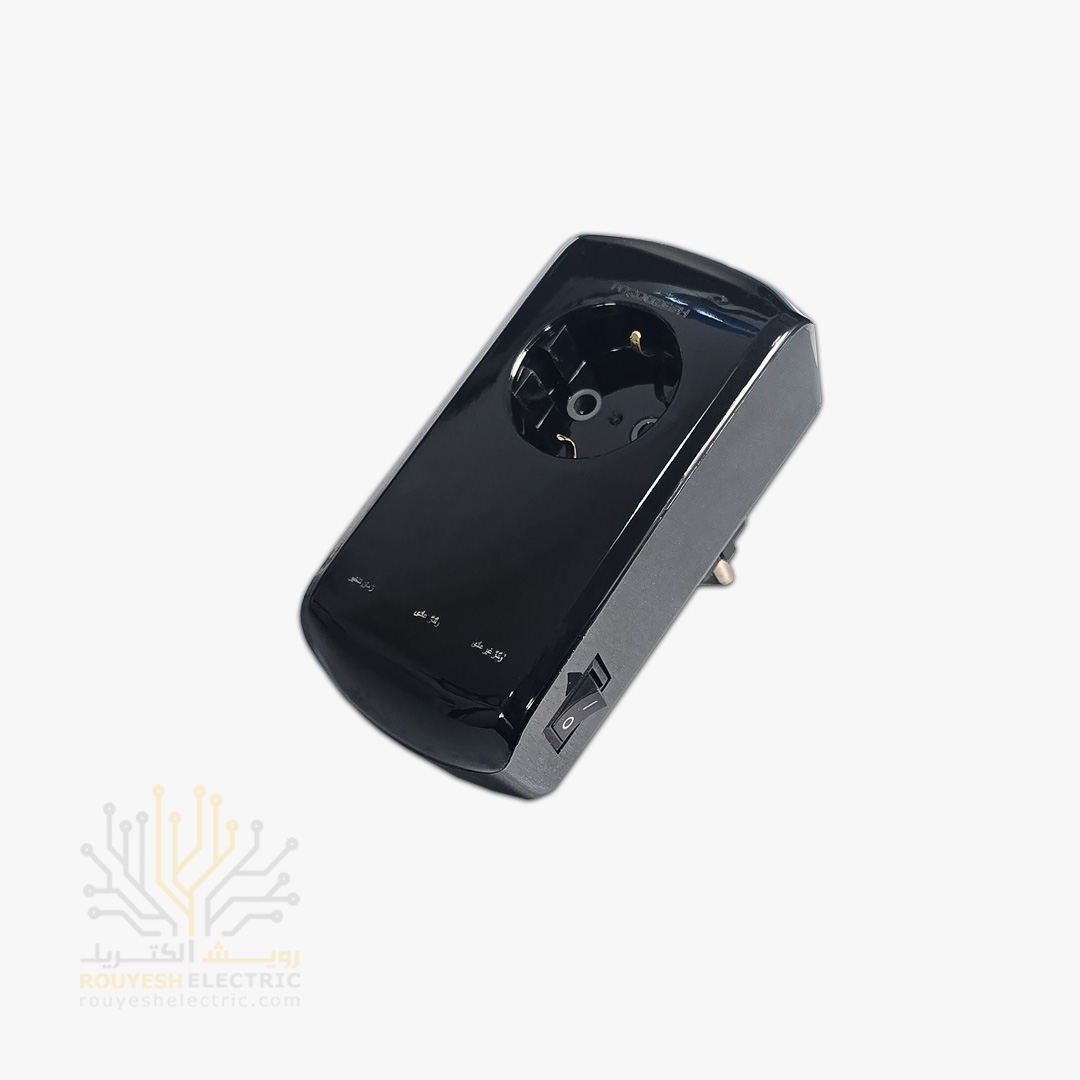 محافظ برق لباسشویی و ظرفشویی دیواری تک خانه برند فروزش مدل LT100 لوتوس استاندارد ارتدار کلید دار بدنه مشکی آنالوگ